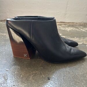 Sam Edelman Reverie Black Leather Pointed-Toe Mule | 4” Chunky Heel | W10